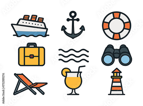 Vector Nautical travel icons: cruise ship, anchor, lifebuoy, suitcase, waves, binoculars, deck chair, cocktail, lighthouse