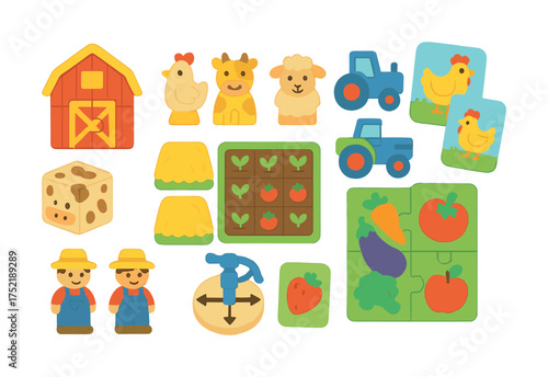Vector Colorful farm-themed puzzle and toy set for children’s learning and play