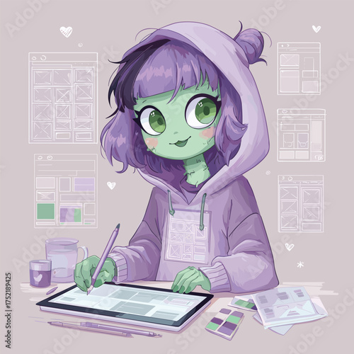 kawaii zombie UI designer with green skin and pastel purple hoodie