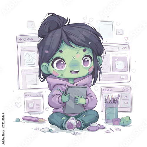 kawaii zombie UI designer with green skin and pastel purple hoodie