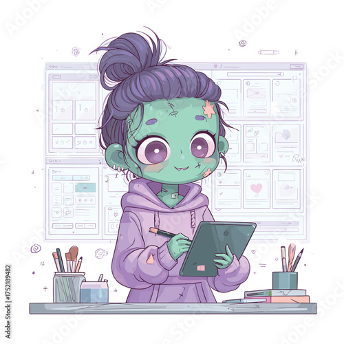 kawaii zombie UI designer with green skin and pastel purple hoodie