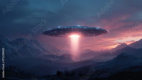 Cinematic UFO in dramatic pink and blue colors, representing an alien invasion over a mountain landscape at dusk