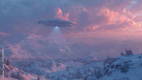 Cinematic UFO in dramatic pink and blue colors, representing an alien invasion over a mountain landscape at dusk