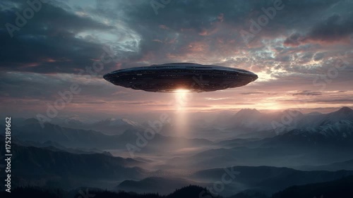 Cinematic UFO in dramatic pink and blue colors, representing an alien invasion over a mountain landscape at dusk