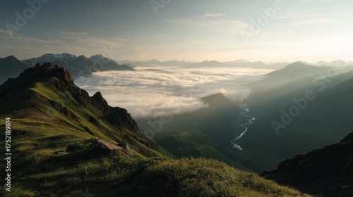 Majestic mountain landscape with rolling clouds and a winding river in a serene valley view