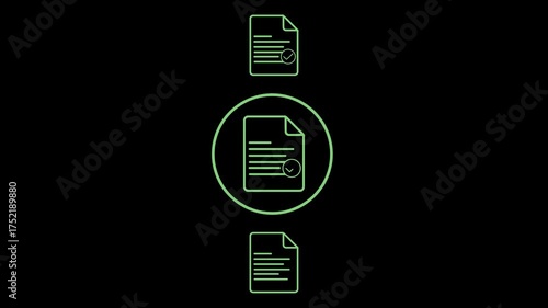 Green outline icon of document approval concept, featuring multiple file symbols with a central verified document for business, digital validation. 2d animated video 4k size with alpha channel
