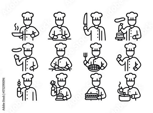Vector Outline icons of diverse chefs cooking and performing kitchen tasks