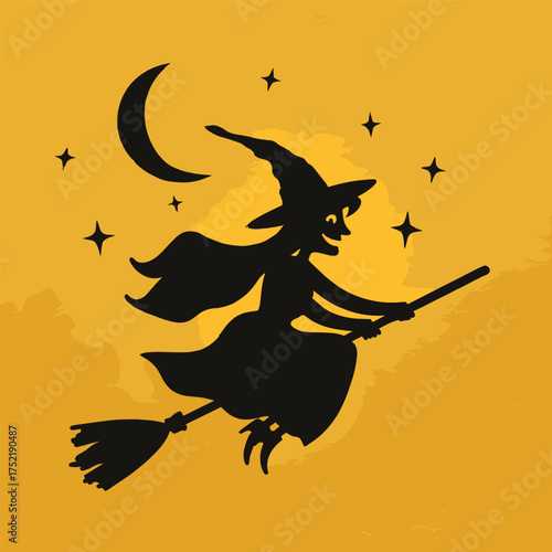 broomstick silhouette with smiling face, flying above stars