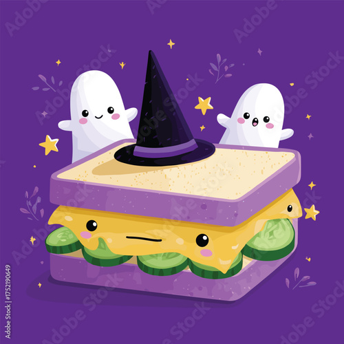 witch hat sandwich with purple bread, star-shaped cheese, and cucumber ghosts