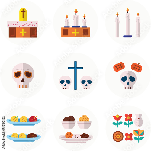 A collection of flat design vector icons representing the Mexican Day of the Dead celebration.