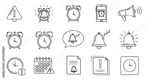 Compilation of handdrawn alarm and notification icons, including clocks, bells, and alerts, isolated on transparent background