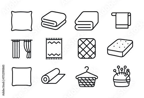 Vector Home textiles icons: pillow, blanket, towel, curtains, mat, basket, pin cushion