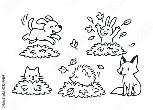 Vector Playful animals in leaf piles: dog, rabbit, cat, hedgehog, fox enjoying autumn