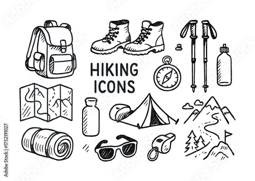 Vector Hand-drawn hiking icons set: backpack, boots, compass, tent, map, trekking poles, sunglasses, water bottle