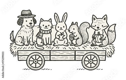 Vector Charming animal friends enjoying a hayride together in rustic style