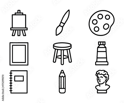 Vector Art supplies icons: easel palette brush canvas stool paint pencil notebook bust