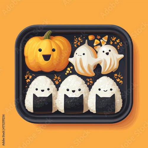 Halloween bento box with pumpkin rice balls, ghost dumplings, and bat-shaped nori sheets