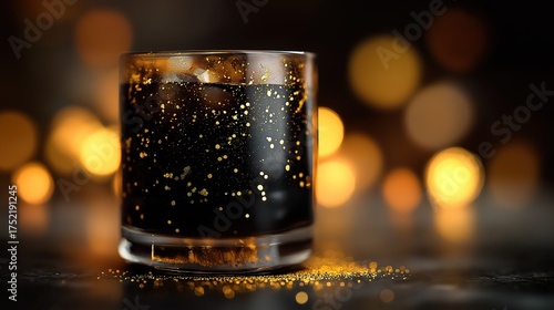 A glass filled with dark drink showcases glimmering golden bubbles