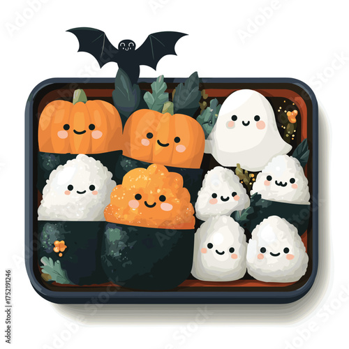 Halloween bento box with pumpkin rice balls, ghost dumplings, and bat-shaped nori sheets