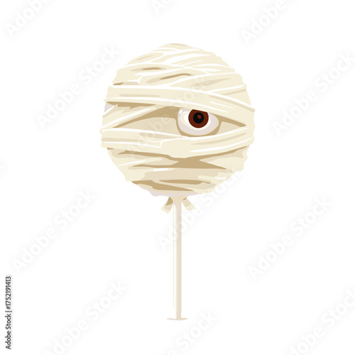 Halloween cake pop shaped like a mummy, bandaged in white chocolate, candy eye peeking out