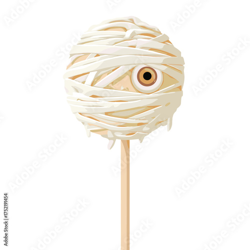 Halloween cake pop shaped like a mummy, bandaged in white chocolate, candy eye peeking out