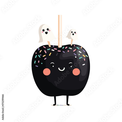 Halloween candy apple with black glaze and tiny ghost sprinkles