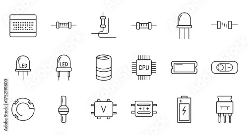 Electronic component icons isolated on transparent background