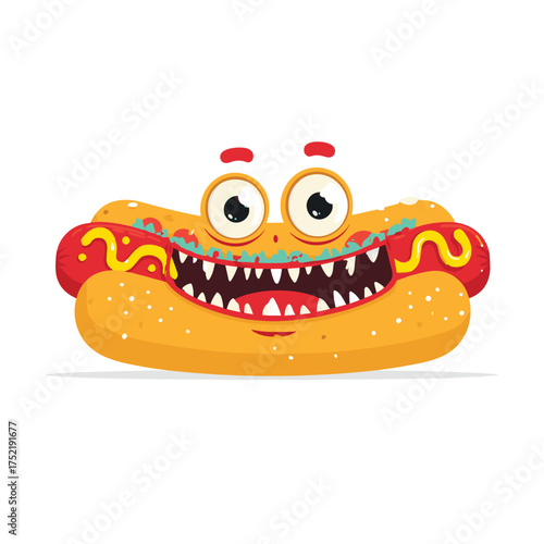 hotdog with monster face made of ketchup and mustard, Halloween-themed toppings