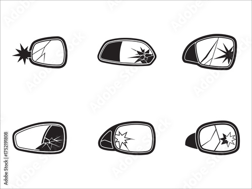 Damaged car side mirrors set design elements illustration isolated