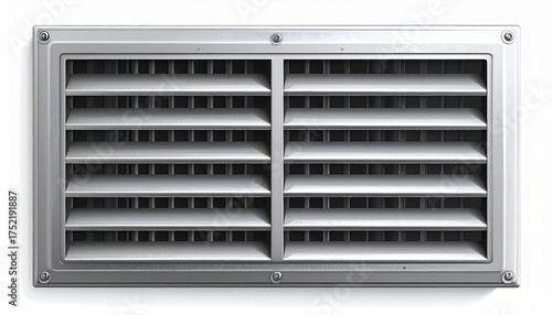 Metal air vent cover with adjustable slats for airflow control in a modern setting.