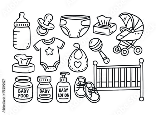 Vector Black and white doodle of baby essentials collection
