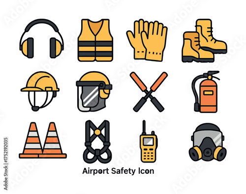 Vector Airport safety equipment icons including helmets, gloves, boots, vest, cones, mask, extinguisher