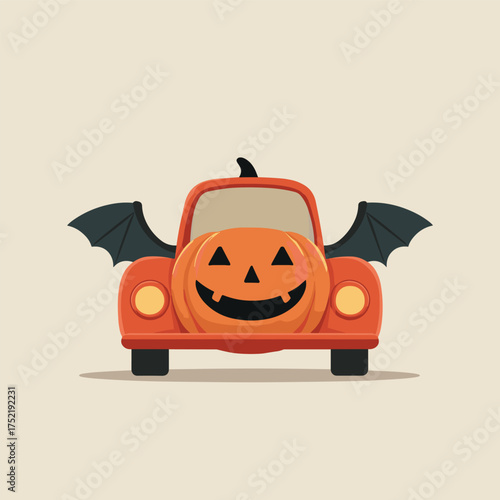 pumpkin-shaped car with bat wings instead of doors, smiling jack-o-lantern face on the hood