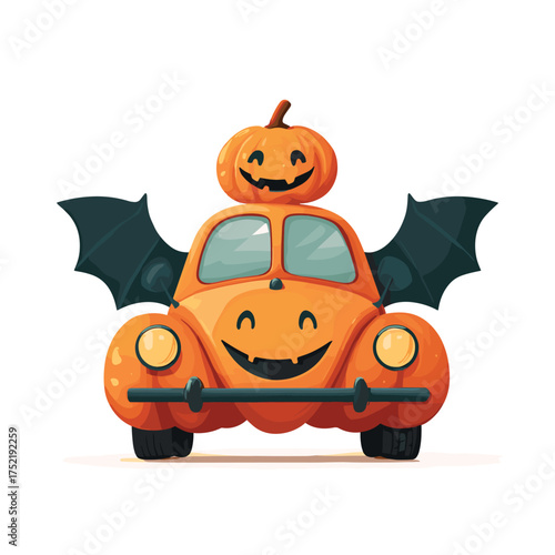 pumpkin-shaped car with bat wings instead of doors, smiling jack-o-lantern face on the hood