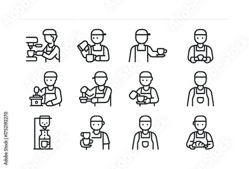 Vector Café icon set: baristas brewing coffee with equipment and serving drinks
