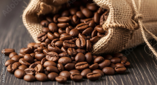 Close up of roasted coffee beans spilling from a burlap sack on wood