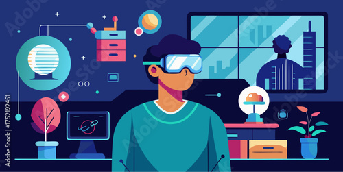 Man wearing virtual reality headset in a futuristic room with digital technology, city view and sci-fi interface elements around him