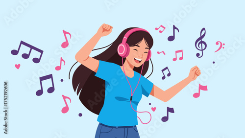A joyful woman with a long hair dances while listening to music through headphones, surrounded by musical notes.