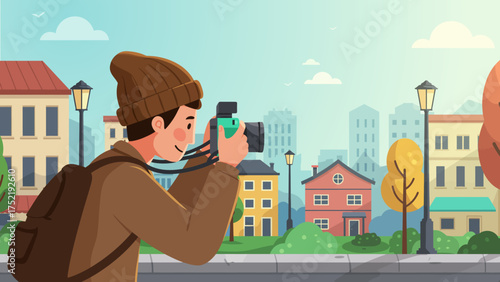 A photographer with a backpack takes a picture of a city street with buildings and trees.