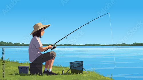 A person wearing a hat is sitting on a stool fishing by a lake on a sunny day.