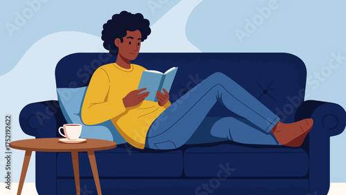 A person relaxing on a blue sofa, reading a book with a cup of coffee nearby.