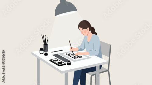 A woman is sitting at a desk, practicing calligraphy with a brush and ink, focused and artistic.