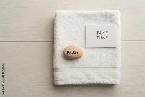 Folded white towel with pebble and message card