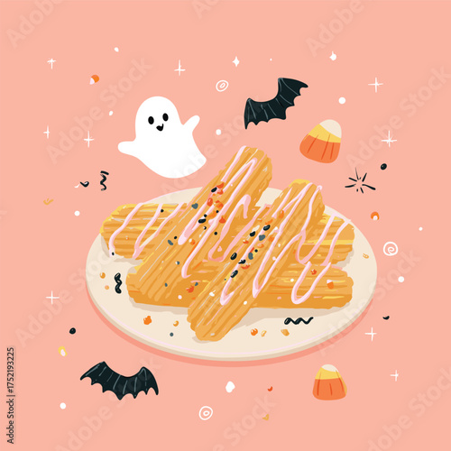 Halloween churros with ghost icing drizzle, bat-shaped sprinkles, and tiny pumpkin candy bits