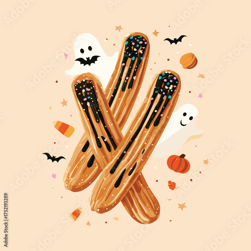 Halloween churros with ghost icing drizzle, bat-shaped sprinkles, and tiny pumpkin candy bits