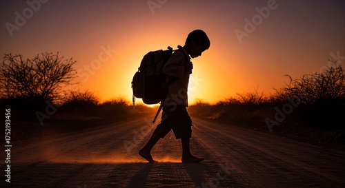 Young boy carrying backpack silhouetted walking down dirt road at sunset