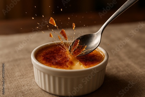 Crème brûlée: A close-up shot captures the exquisite moment of breaking through the brittle, caramelized sugar crust of a crème brûlée, revealing the smooth, creamy custard beneath.