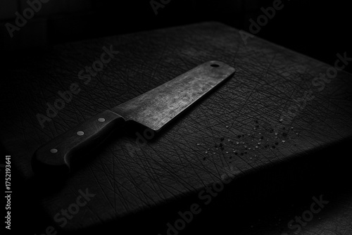 Shadows of the Blade: A moody, black and white composition featuring a cleaver resting on a worn cutting board, creating a sense of drama and anticipation.