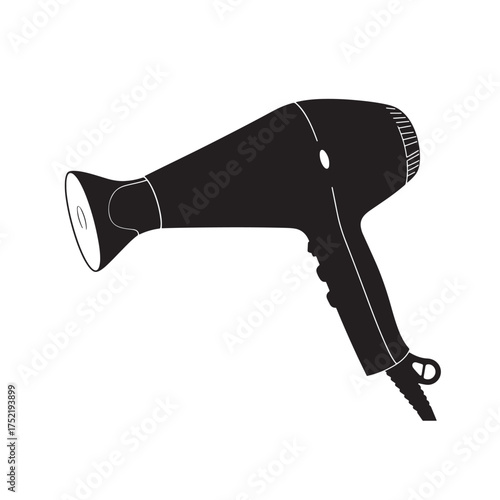 Black silhouette of a hairdryer, isolated on white background