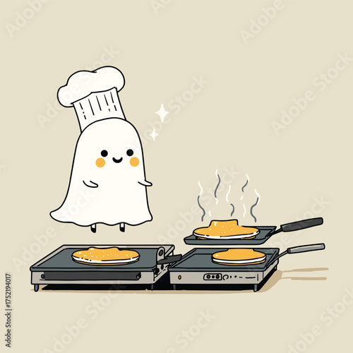 ghostly line cook flipping bat-shaped pancakes on griddle, chef hat floating above head